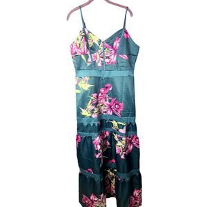 Hawaiian Floral Silky Maxi Dress Tiered Blue Women's Siz XL Wedding Guest Cruise